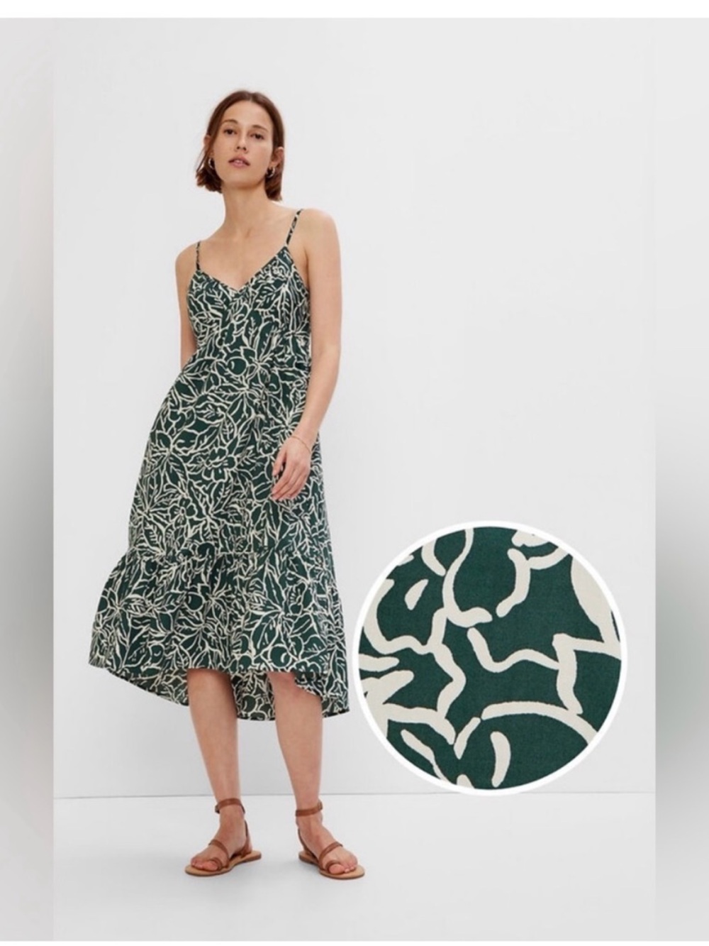 GAP Deep V-Neck Cami Midi Dress Dark Green & Cream Floral